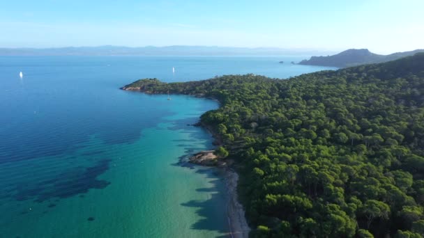 Porquerolles島空中ビュー美しいビーチキャップメゼとフランスを背景に晴れた日 — ストック動画