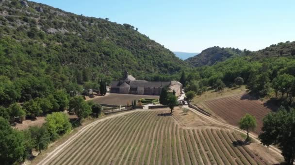 Snanque Opatství Cistercian Opatství Gordes Obec Francouzština Letecký Pohled Léto — Stock video