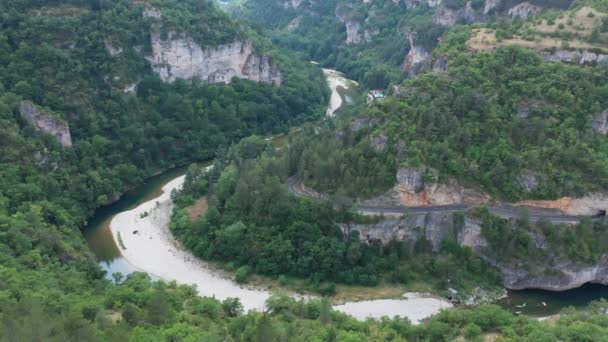 Tarn Řeka Klikatou Silnici Kaňonu Borovice Les Francouzský Vzduch Rokle — Stock video