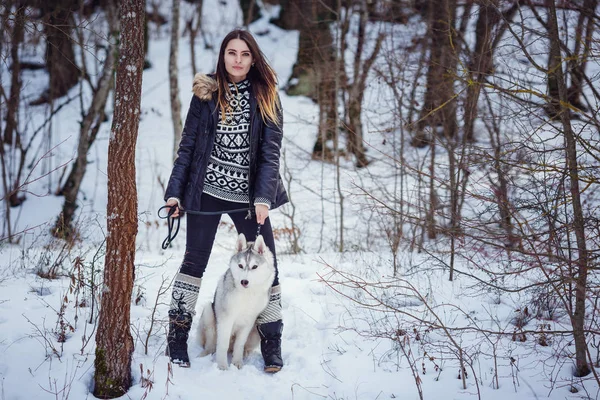 Excursionista femenina con perro husky siberiano —  Fotos de Stock