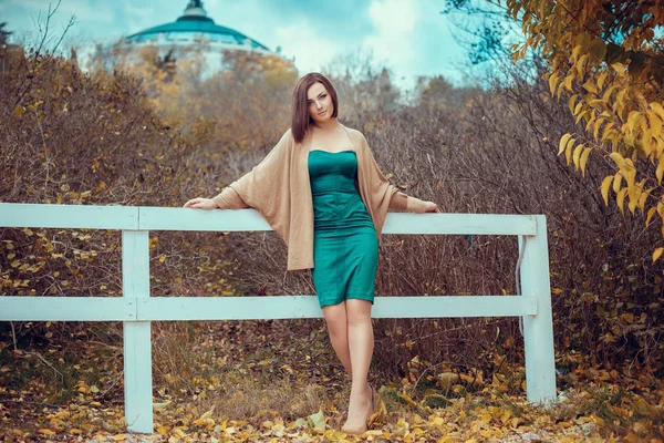 Kvinna poserar i höst park — Stockfoto