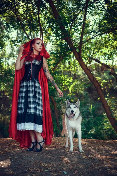 Mujer con perro husky — Foto de Stock