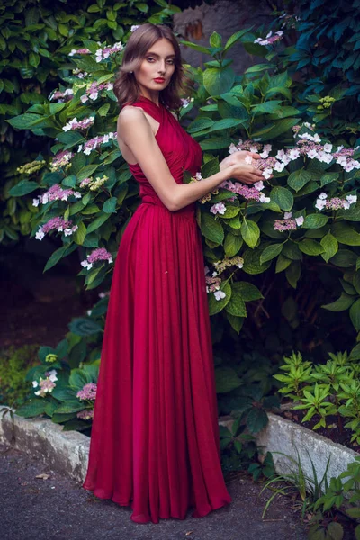 Modelo chica en vestido de color vino — Foto de Stock