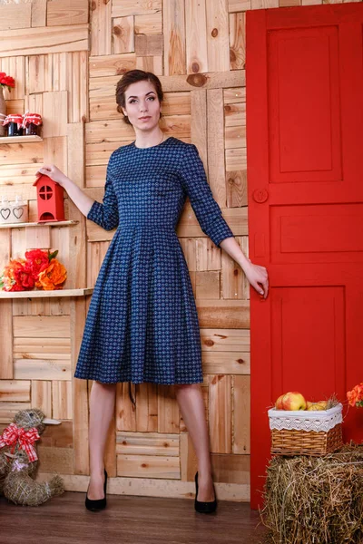 Nő pózol kék ruhában — Stock Fotó