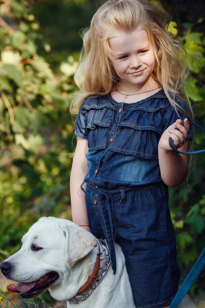 Маленькая девочка играет со своей собакой — стоковое фото