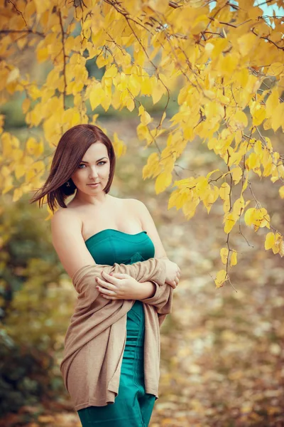 Kvinna poserar nära gula träd — Stockfoto