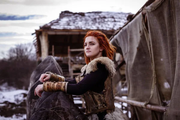 Woman in traditional warrior clothes. — Stock Photo, Image