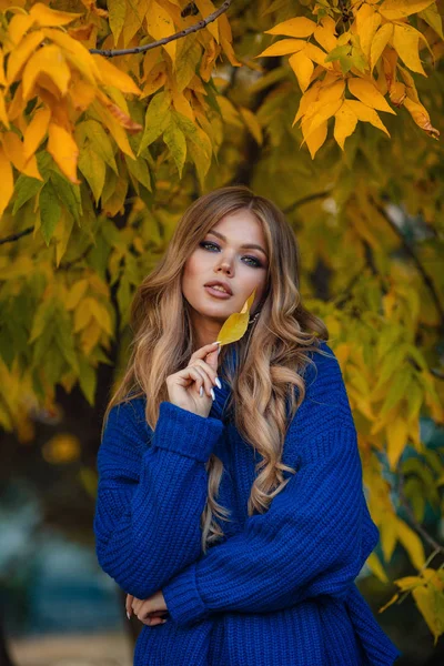 Fashion outdoor photo of beautiful woman with blond hair in in autumn park — Stock Photo, Image