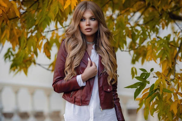 Foto de moda al aire libre de la mujer hermosa con el pelo rubio en el parque de otoño — Foto de Stock