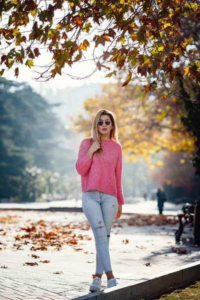 Gyönyörű fiatal lány sétál az őszi városban — Stock Fotó