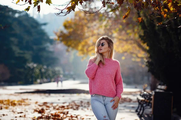 Beautiful young girl on a walk in the autumn city — 스톡 사진