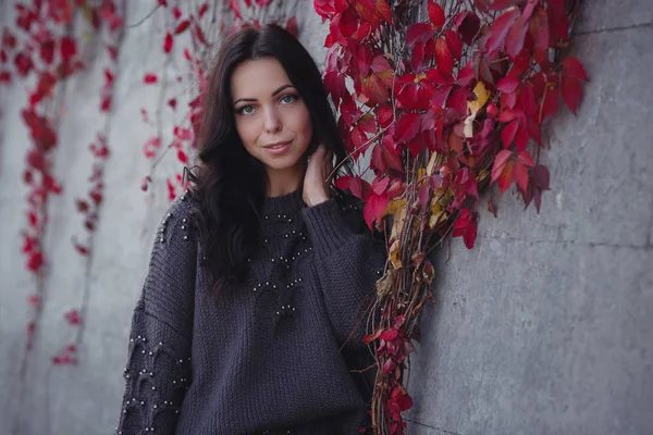 Lány a háttér falon vörös őszi levelek. — Stock Fotó