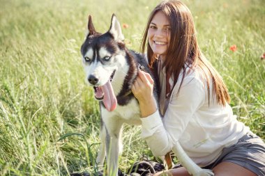 Güzel, genç bir kadın parkta komik, iri köpekle oynuyor. Yaz ve gün batımı. Koşulsuz sevgi. Sibirya Husky 'sinin en sevdiği hayvan. Hayvan yetiştiriciliği. Soylu köpek konsepti. En iyi arkadaşlar.