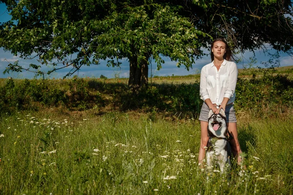 Schöne Modische Junge Frau Jeanshosen Und Weißer Bluse Posiert Park — Stockfoto
