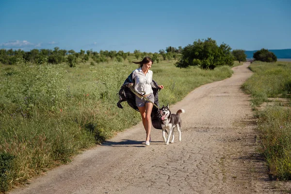 Sportlerin Läuft Mit Hund Dem Sibirischen Husky Auf Der Straße — Stockfoto