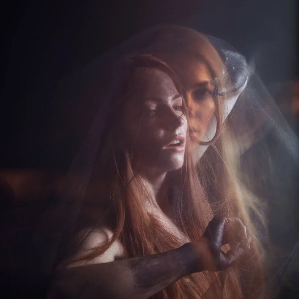 Beautiful Model Red Hair Posing Black Fabric Veil Studio Technique — Stock Photo, Image