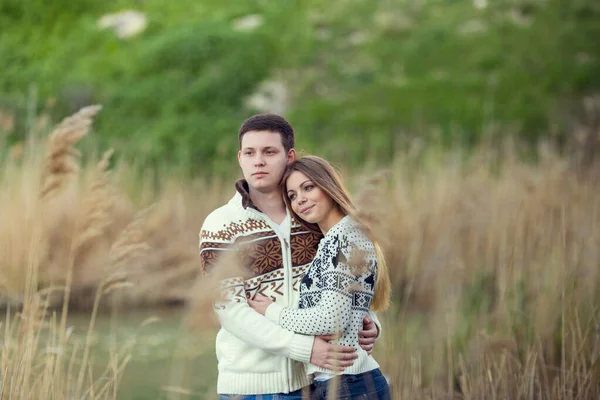 Young Couple Love Outdoor Portrait Smiling Beauty Girl Her Handsome — Stock Photo, Image