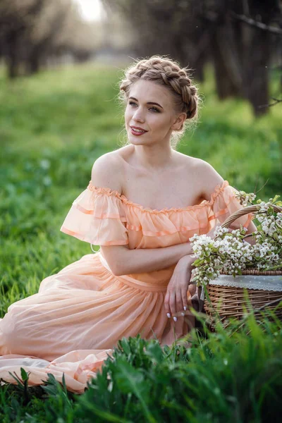 Girl Blonde Hair Light Dress Flowering Garden Concept Female Spring — Stock Photo, Image