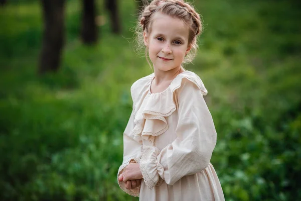 Beautiful Girl Year Old Posing Garden White Dress Easter Time — Stock Photo, Image