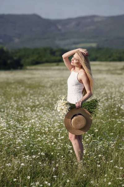 Belle Jeune Femme Dans Champ Camomille Dans Une Vallée Pittoresque — Photo