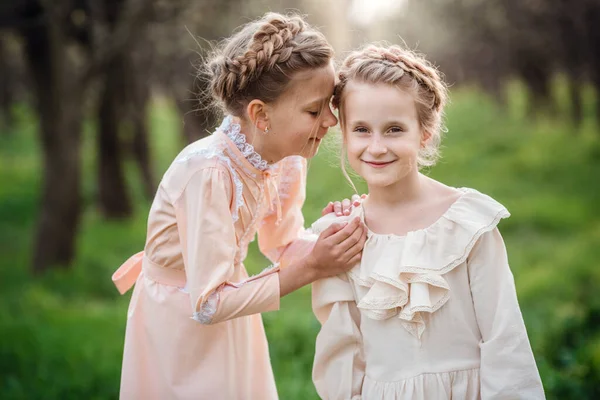 Duas Irmãs Namoradas Estão Andando Jardim Aproveitando Primavera Belos Vestidos — Fotografia de Stock