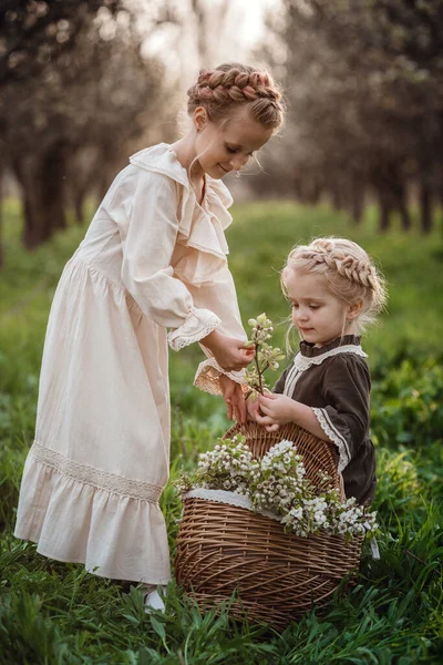 Zwei Schwestern Oder Freundinnen Spazieren Garten Und Genießen Den Frühling — Stockfoto