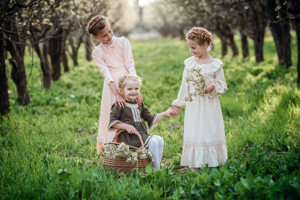 Tři Krásné Dívky Retro Šaty Procházku Květované Zahradě Myšlenka Koncept — Stock fotografie