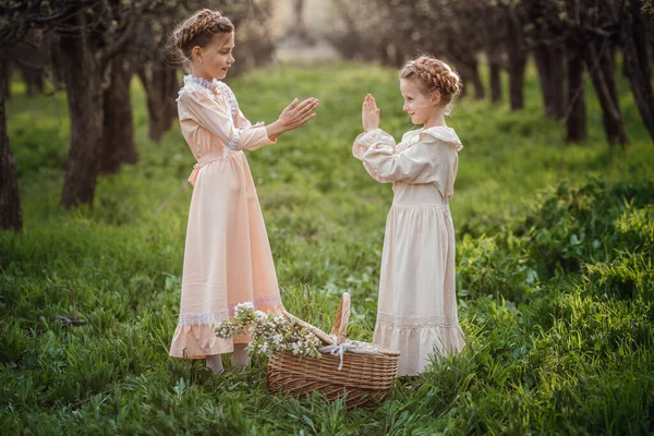 Dos Hermanas Novias Están Caminando Jardín Disfrutando Primavera Con Hermosos — Foto de Stock