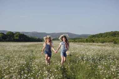 Kot pantolon giymiş iki tatlı genç kız papatya tarlasında yürüyor. Fikir ve sağlık kavramı, mutlu çocukluk, arkadaşlık