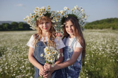 Kot pantolon giymiş iki tatlı genç kız papatya tarlasında yürüyor. Fikir ve sağlık kavramı, mutlu çocukluk, arkadaşlık