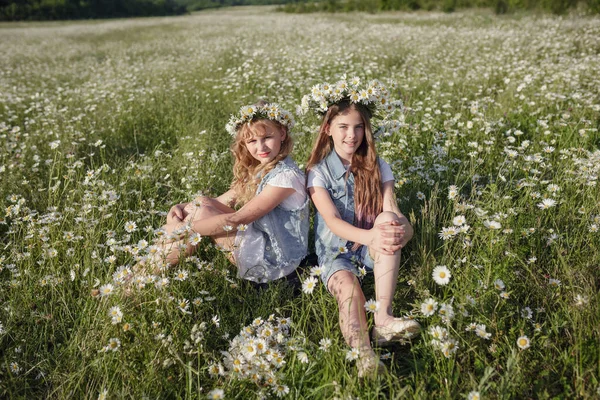 Twee Schattige Tienermeisjes Denim Overall Lopen Een Madeliefje Veld Idee — Stockfoto