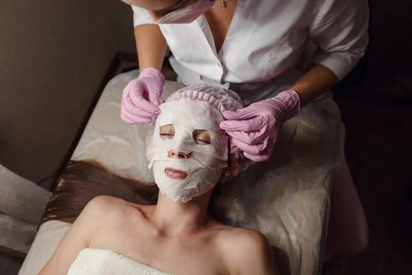 Beauty Treatment Concept Young Beautiful Woman White Moisturizing Fabric Mask — Stock Photo, Image