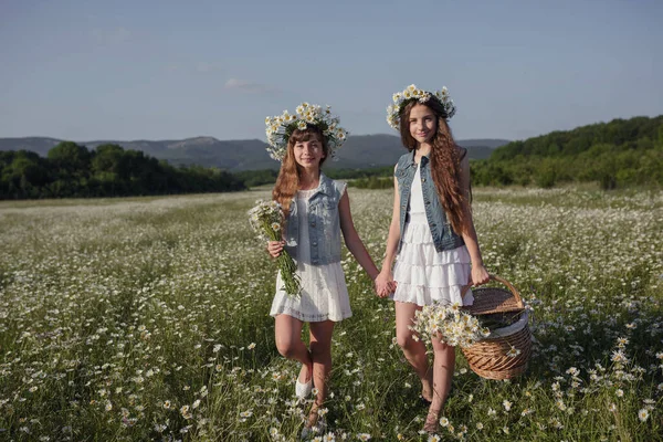 Två Söta Tonåring Flickor Denim Med Vackra Friska Långa Bruna — Stockfoto