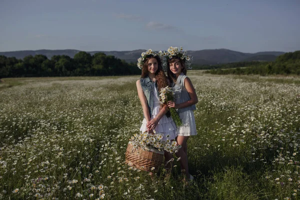 Två Söta Tonåring Flickor Denim Med Vackra Friska Långa Bruna — Stockfoto