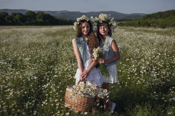 Twee Leuke Tiener Meisjes Denim Met Mooie Gezonde Lange Bruine — Stockfoto