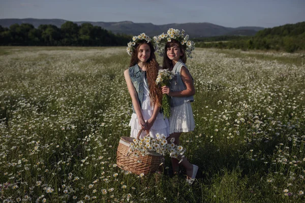 Twee Leuke Tiener Meisjes Denim Met Mooie Gezonde Lange Bruine — Stockfoto