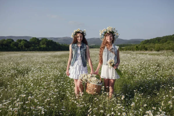 Twee Leuke Tiener Meisjes Denim Met Mooie Gezonde Lange Bruine — Stockfoto