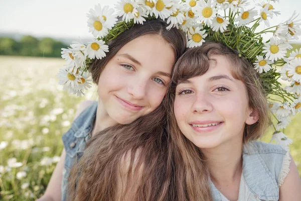 Две Милые Девочки Джинсах Красивыми Здоровыми Длинными Каштановыми Волосами Ромашке — стоковое фото