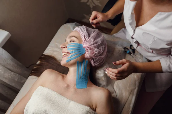Face Aesthetic Taping Facial Skin Care Young Woman Lying Tape — Stock Photo, Image