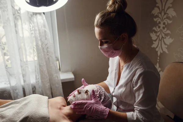 Beauty Treatment Concept Young Beautiful Woman White Moisturizing Fabric Mask — Stock Photo, Image