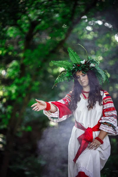 Mooie Vrouw Krans Van Wilde Bloemen Van Bloemen Zonnige Dag — Stockfoto