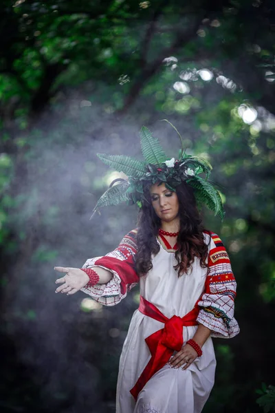 Mooie Vrouw Krans Van Wilde Bloemen Van Bloemen Zonnige Dag — Stockfoto