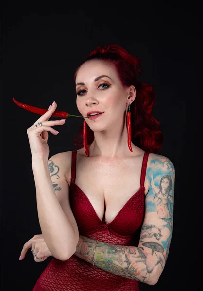 Sexy Woman Long Red Hair Posing White Lingerie White Studio Stock Photo by  ©Selenittt 472719434
