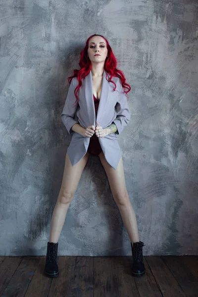 Beautiful Red Haired Young Woman Bodysuit Gray Jacket Background Gray — Stock Photo, Image