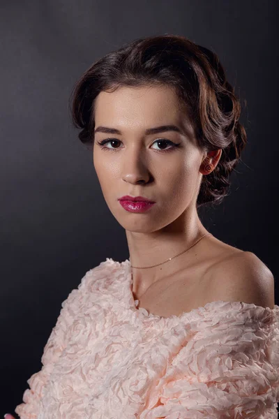 Tender Portrait Mysterious Brunette Neat Makeup Pink Sweater Black Background — Stock Photo, Image