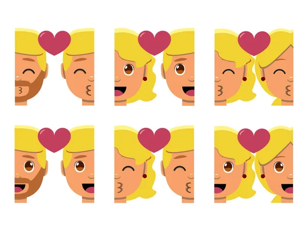 Vector set cute kawaii couple emojis colorful isolated — Stock Vector