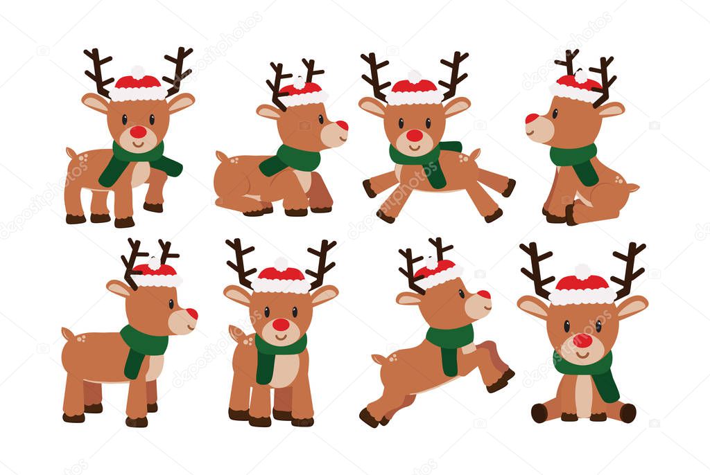 Vector set cartoon cute reindeer isolated