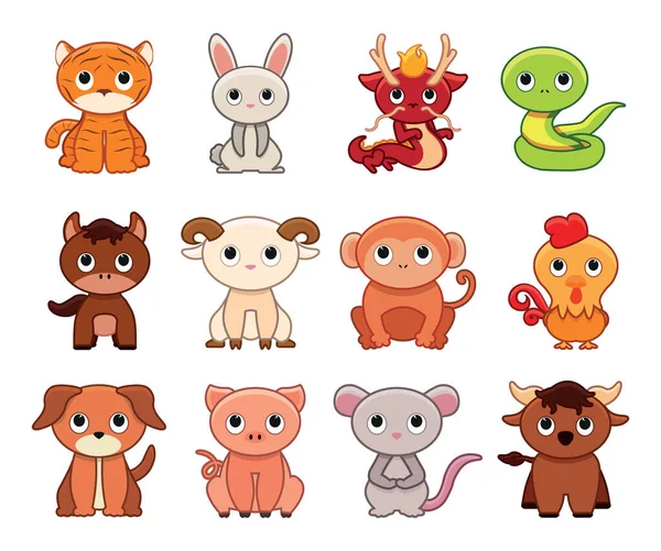 Animales del zodíaco chino de dibujos animados aislados — Vector de stock