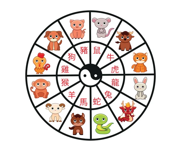 Cartoon Chinese Zodiac Isolated On White Background — Stok Vektör