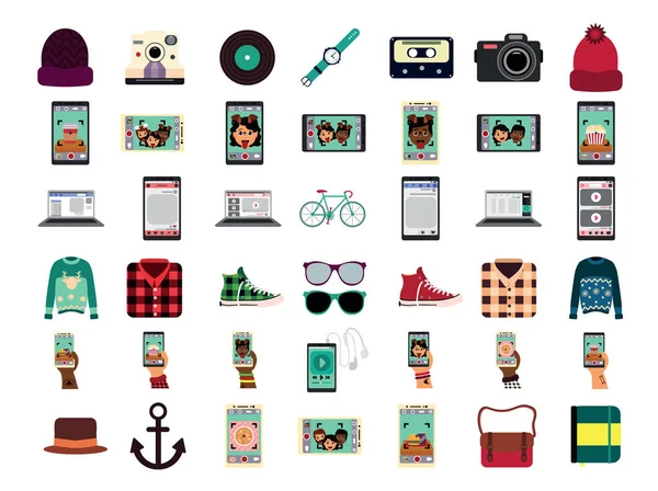 Conjunto de varios iconos Hipster aislados sobre fondo blanco — Vector de stock